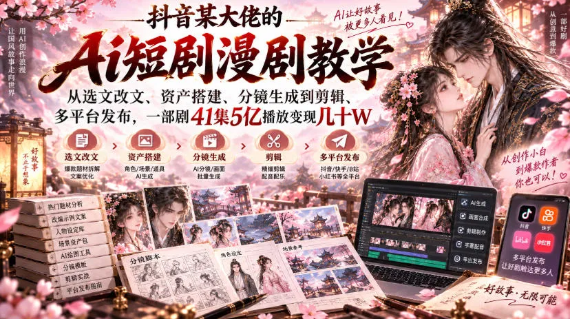 抖音某大佬的Ai短剧漫剧教学,从选文改文、资产搭建、分镜生成到剪辑、多平台发布,一部剧41集5亿播放变现几十W 抖音某大佬的Ai短剧漫剧教学,从选文改文、资产搭建、分镜生成到剪辑、多平台发布,一部剧41集5亿播放变现几十W