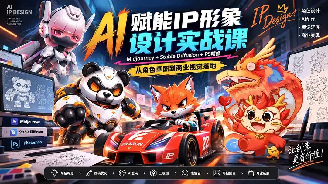 (20552期)AI赋能IP形象设计实战课-无水印:Midjourney+Stable Diffusion+PS精修,从角色草图到商业视觉落地 (20552期)AI赋能IP形象设计实战课-无水印:Midjourney+Stable Diffusion+PS精修,从角色草图到商业视觉落地