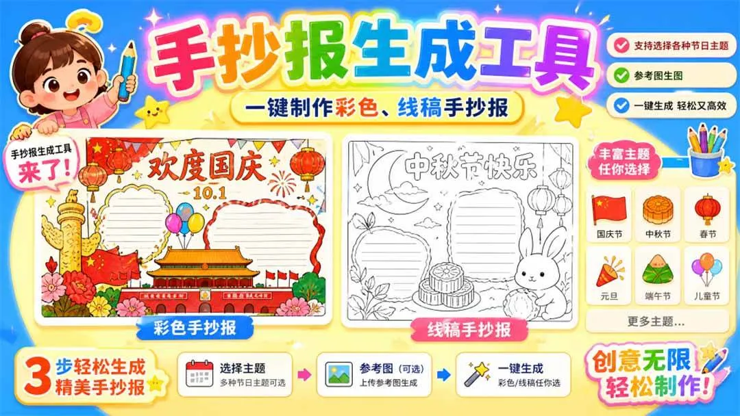 【免费高清无水印】手抄报批量生成神器上线！告别豆包生图，一网打尽设计烦恼 - 趣客盟