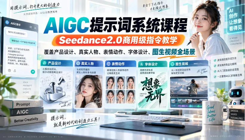 AIGC提示词系统课程,Seedance2.0商用级指令教学,覆盖产品设计、真实人物、表情动作、字体设计、图生视频全场景 AIGC提示词系统课程,Seedance2.0商用级指令教学,覆盖产品设计、真实人物、表情动作、字体设计、图生视频全场景