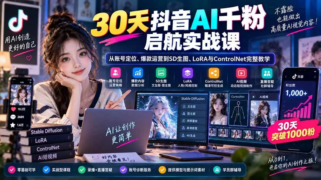 (20291期)30天抖音AI千粉启航实战课:从账号定位、爆款运营到SD生图、LoRA与ControlNet完整教学 (20291期)30天抖音AI千粉启航实战课:从账号定位、爆款运营到SD生图、LoRA与ControlNet完整教学