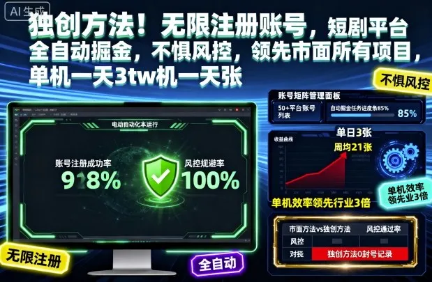独创方法！无限注册账号，短剧平台全自动掘金，不惧风控，领先市面所有项目，单机一天3张【揭秘】-趣酷猫资源网