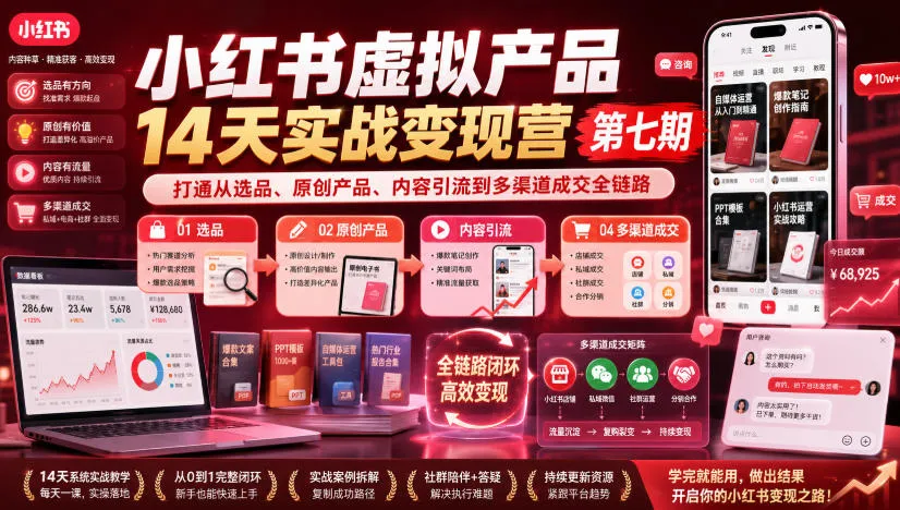 小红书虚拟产品变现攻略：第七期实战营，全链路教学，从选品到多渠道成交一网打尽 - 趣客盟