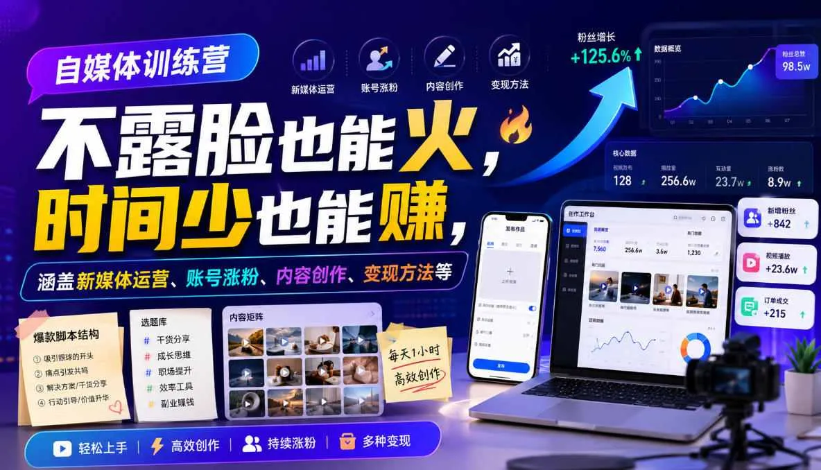 “零露脸自媒体快速崛起指南：省时赚翻，涵盖新媒体运营、涨粉技巧、内容制作及变现策略”_趣客盟