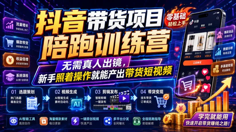 抖音带货项目陪跑训练营，零基础新手学！无需真人出镜，操作步骤全解析，轻松产出带货短视频（0811更新） - 趣客盟