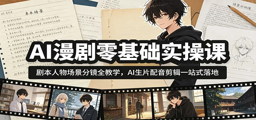 AI漫剧零基础实操课：剧本人物场景分镜全教学，AI生片配音剪辑一站式落地_趣客盟