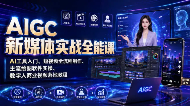 AIGC新媒体实战全能课|AI工具入门、短视频全流程制作、主流绘图软件实操、数字人商业视频落地教程 AIGC新媒体实战全能课|AI工具入门、短视频全流程制作、主流绘图软件实操、数字人商业视频落地教程