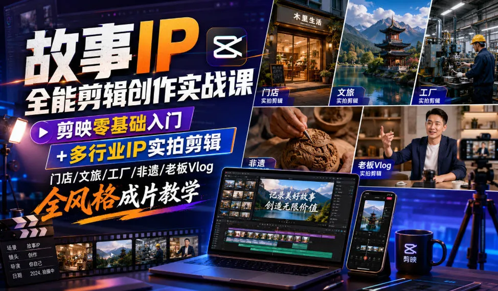 剪映剪辑实战课：零基础学剪映，涵盖门店、文旅、工厂、非遗Vlog全风格，老板Vlog成片教学及多行业IP实拍案例_趣客盟