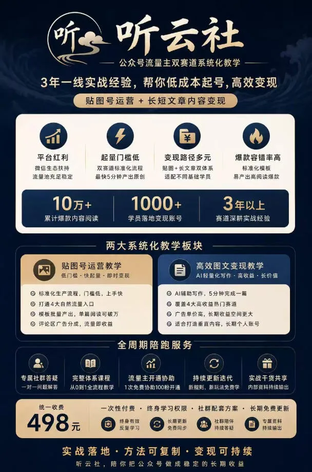 听云社公众号流量主双赛道系统化教学,3年一线实战经验,帮你低成本起号,高效变现,贴图号运营+长短文章内容变现 听云社公众号流量主双赛道系统化教学,3年一线实战经验,帮你低成本起号,高效变现,贴图号运营+长短文章内容变现