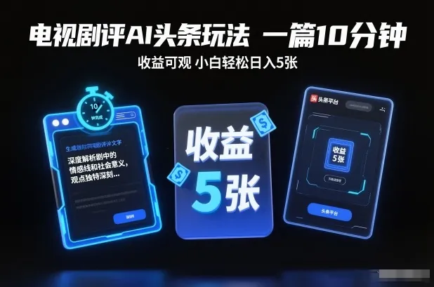 电视剧评AI头条玩法，一篇10分钟，收益可观，小白轻松日入5张+【独家】-趣酷猫资源网