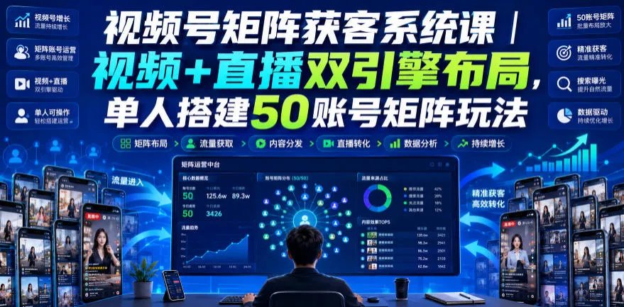 视频号矩阵获客攻略:直播+视频双引擎,打造50账号矩阵,流量池沉淀与私域引流全链路教学课程_趣客盟
