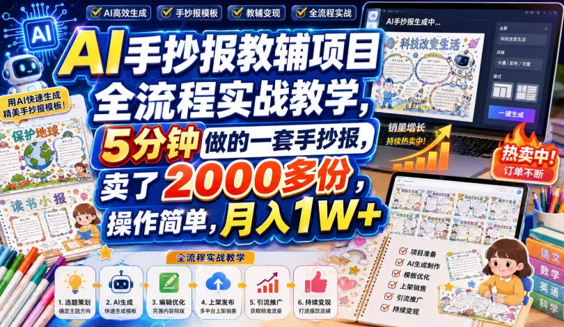 AI手抄报教辅项目全流程实战教学,5分钟做的一套手抄报,卖了2000多份,操作简单,月入1W+ AI手抄报教辅项目全流程实战教学,5分钟做的一套手抄报,卖了2000多份,操作简单,月入1W+