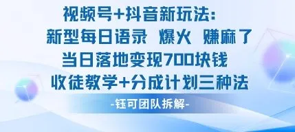 视频号加抖音新玩法：爆火新型每日语录，收徒教学加分成计划，三种变现玩法，当日变现7张-趣酷猫资源网