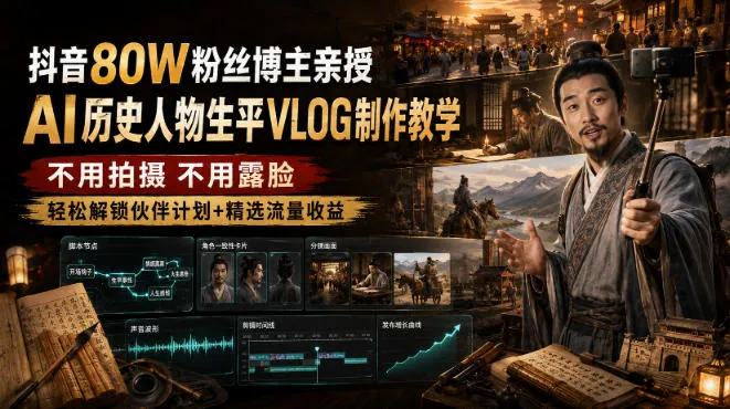 抖音AI助你轻松制作历史人物VLOG,80W粉丝博主教学,无需拍摄露脸,解锁伙伴计划+精选收益攻略 - 趣客盟