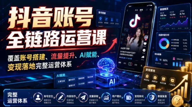 抖音全链路运营攻略：从账号搭建到变现落地，涵盖流量提升与AI赋能技巧_趣客盟