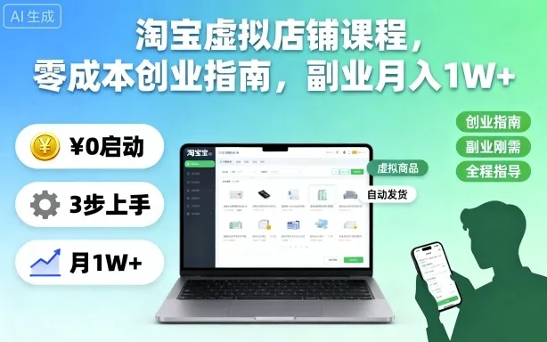 淘宝虚拟店铺课程，零成本创业指南，副业月入1W+-趣酷猫资源网