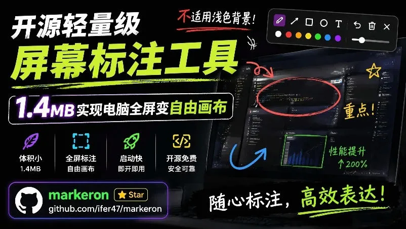 MarkerOn：轻量1.4MB屏幕标注神器，全屏变画布，8大标注工具+全键盘操控，电脑标注无忧_趣客盟