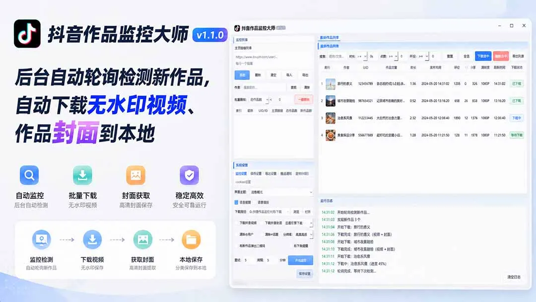 抖音作品监控神器v1.1.0:自动轮询发现新作品,一键下载高清无水印视频及封面图片 - 趣客盟