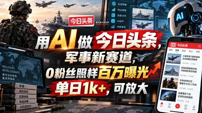 AI赋能今日头条，军事内容新赛道，零粉丝轻松百万曝光，日增1k+粉丝，放大效应显著 - 趣客盟