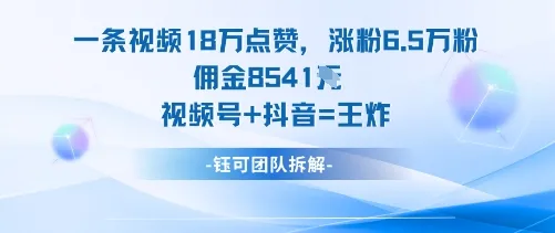 一条视频18W点赞，涨粉6.5W粉佣金8541米，视频号+抖音=王炸-趣酷猫资源网