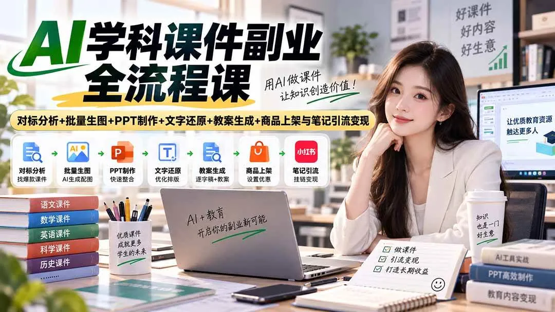 (20469期)AI学科课件副业全流程课|对标分析+批量生图+PPT制作+文字还原+教案生成+商品上架与笔记引流变现 (20469期)AI学科课件副业全流程课|对标分析+批量生图+PPT制作+文字还原+教案生成+商品上架与笔记引流变现