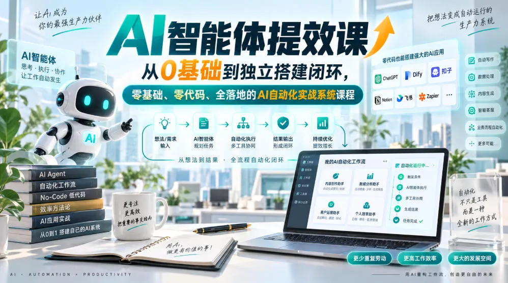 AI智能体提效课，从0基础到独立搭建闭环，零基础、零代码、全落地的AI自动化实战系统课程 - 趣客盟