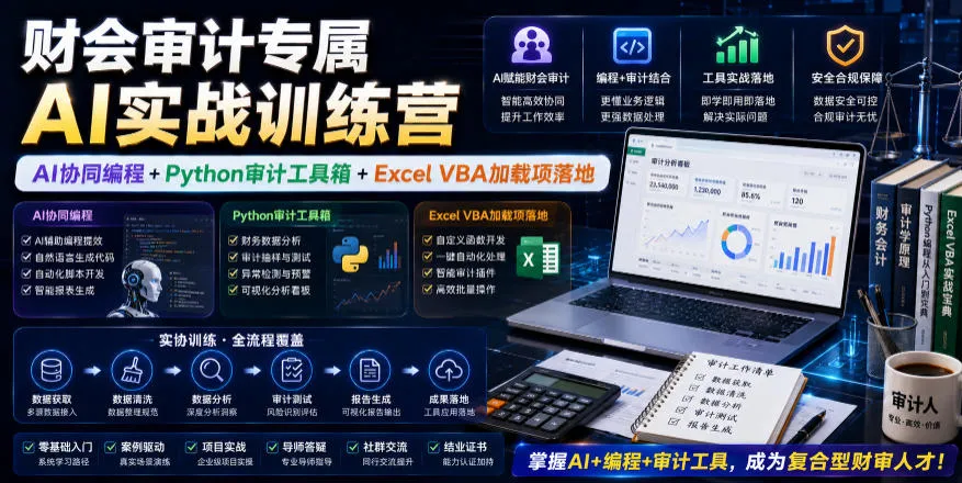 财会审计专属AI实战训练营|AI协同编程+Python审计工具箱+Excel VBA加载项落地(更新0816) 财会审计专属AI实战训练营|AI协同编程+Python审计工具箱+Excel VBA加载项落地(更新0816)