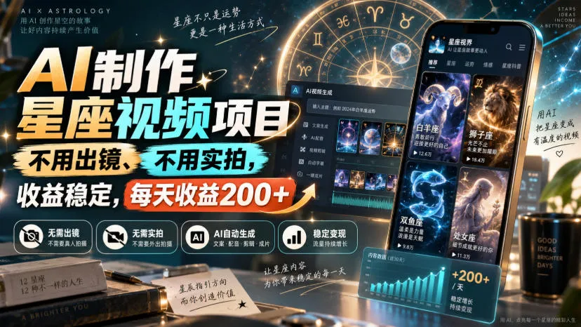 AI打造无出镜星座短视频项目，每日稳定收益200+，高效收益新选择 - 趣客盟