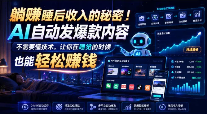 “AI智能爆款内容生成，睡后躺赚秘籍！无需技术，轻松实现自动化收益，揭秘高效赚钱新方法【原创双语字幕】” - 趣客盟
