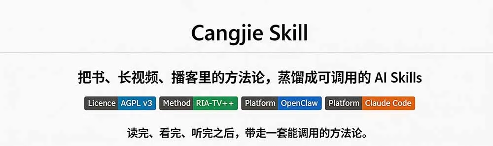 图片[1] - GitHub热门开源项目！6.7K Star，一键将书籍、长视频、播客转化为AI工具，收藏必备！cangjie-skill - 趣客盟