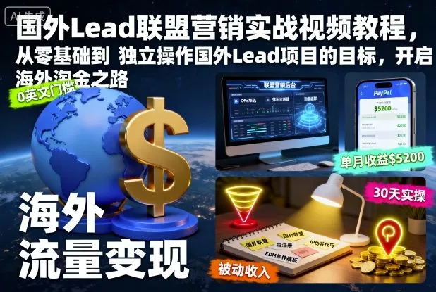 国外Lead联盟营销实战视频教程，从零基础到独立操作国外Lead项目的目标，开启海外淘金之路-趣酷猫资源网