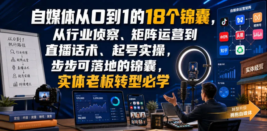 自媒体创业攻略：18招实战锦囊，涵盖行业洞察、矩阵搭建、直播话术及账号运营，实体老板转型必备技能指南_趣客盟