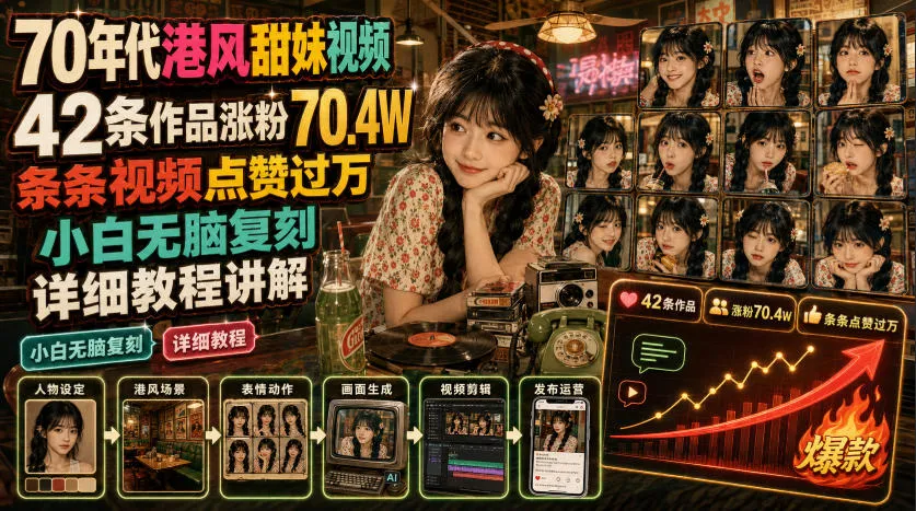 《70年代港风甜美视频教程:42部作品火速吸粉70.4W,每部点赞超万,轻松复刻攻略》_趣客盟