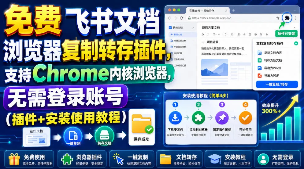 免费飞书文档浏览器复制插件:Chrome内核支持,免账号登录(一键安装教程+使用指南)_趣客盟
