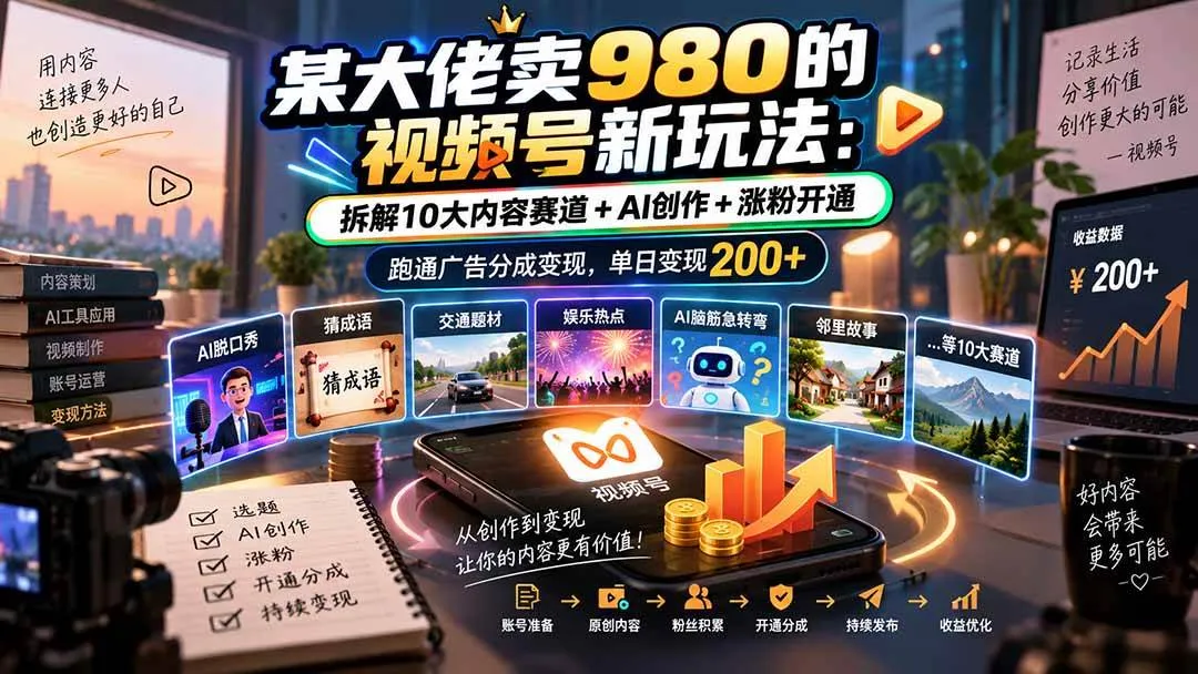(20573期)某大佬卖980的视频号新玩法:拆解10大内容赛道+AI创作+涨粉开通,跑通广告分成变现,单日变现200+ (20573期)某大佬卖980的视频号新玩法:拆解10大内容赛道+AI创作+涨粉开通,跑通广告分成变现,单日变现200+