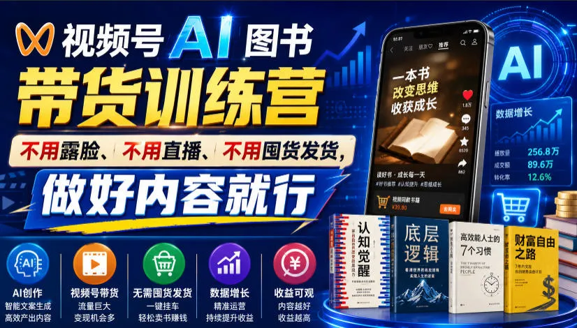 【视频号AI图书带货】零基础训练营,无需露脸/直播/囤货,爆款视频佣金高达8942元,内容为王轻松赚!_趣客盟