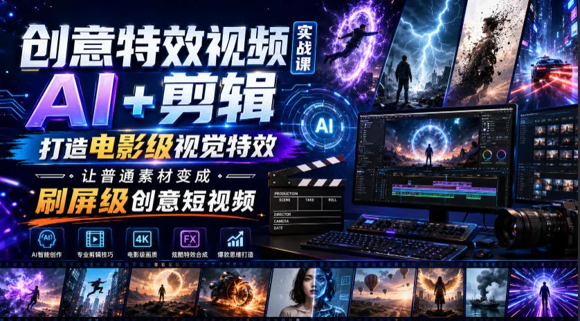 创意特效视频实战课,AI+剪辑打造电影级视觉特效,让普通素材变成刷屏级创意短视频 创意特效视频实战课,AI+剪辑打造电影级视觉特效,让普通素材变成刷屏级创意短视频