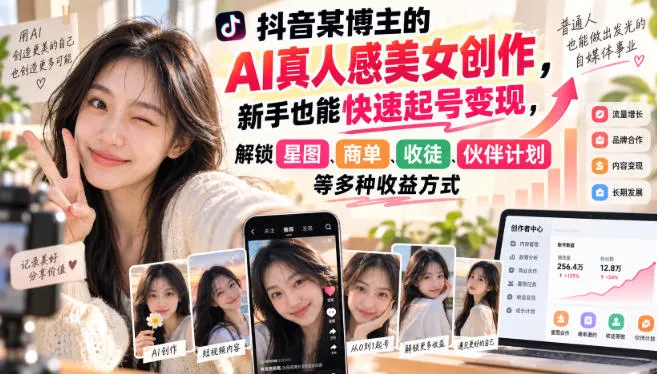 抖音AI真人感美女创作达人教程：新手快速起号变现，解锁星图、商单、收徒及伙伴计划多渠道收益 - 趣客盟