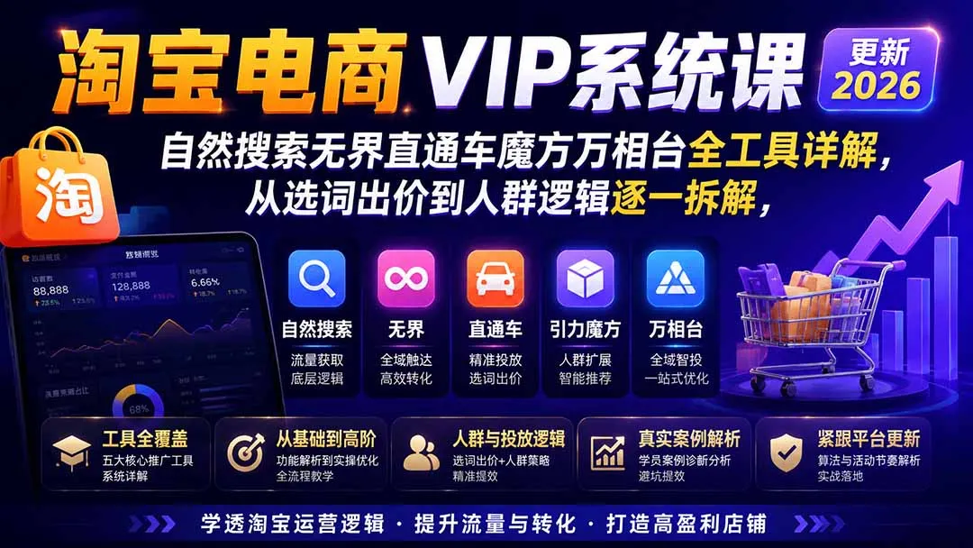 图片[1] - 淘宝电商VIP课程更新版：8月独家解读—自然搜索、无界直通车、魔方万相台全工具指南，从选词出价到人群策略深度剖析 - 趣客盟