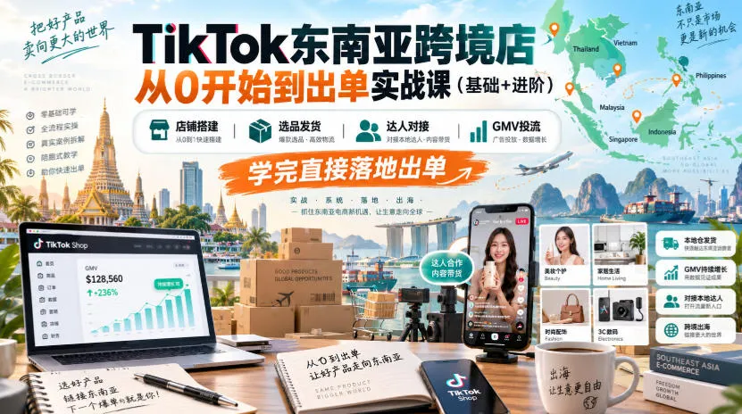TikTok东南亚跨境店从0开始到出单实战课(基础+进阶),店铺搭建、选品发货、达人对接、GMV投流,学完直接落地出单