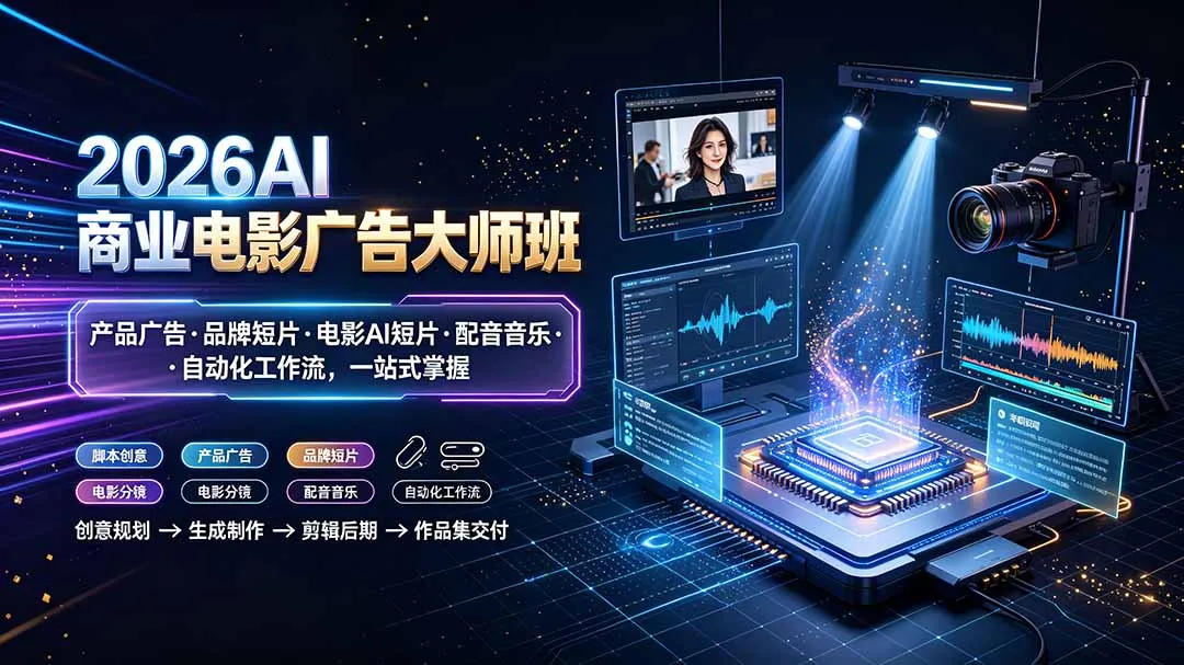 2026AI商业电影广告全攻略:产品广告制作、品牌短片创意、电影级AI短片制作、配音与音乐制作、自动化工作流程,一站式AI广告大师班_趣客盟