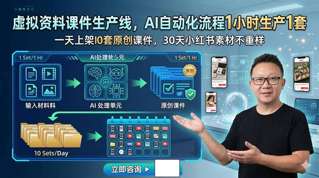 AI驱动虚拟课件生产线:1小时速产1套,每日10套原创上架,30天小红书素材零重复_趣客盟