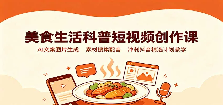 抖音美食短视频创作攻略课：AI文案&图片生成+素材搜集+配音技巧，冲入精选计划教学 - 趣客盟