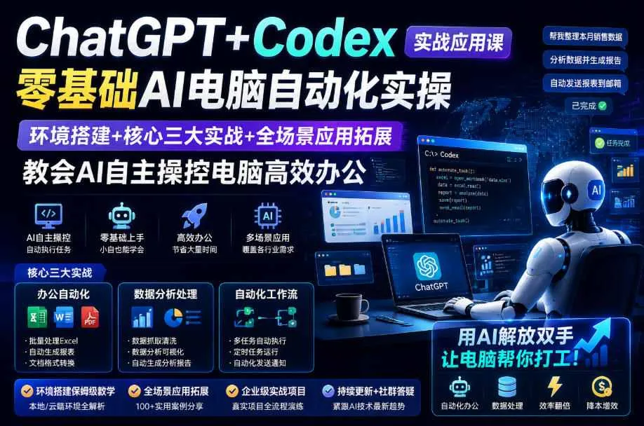 AI电脑自动化入门实战课：ChatGPT+Codex全攻略，零基础搭建+三大实战案例+全场景应用教学，解锁高效办公AI助手_趣客盟