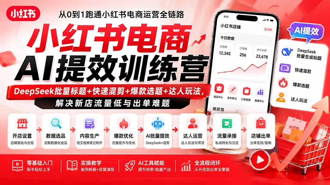 小红书电商AI提效训练营—DeepSeek批量标题+快速混剪+爆款选题+达人玩法，解决新店流量低与出单难题 - 趣客盟