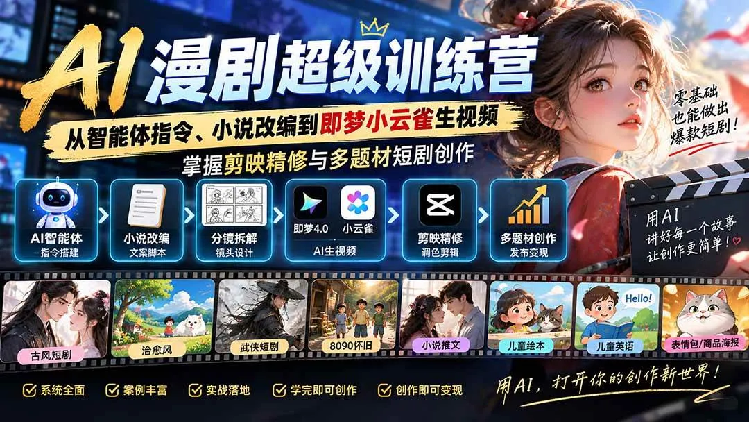 (20491期)AI漫剧超级特训营:从智能体指令、小说改编到即梦小云雀生视频,掌握剪映精修与多题材短剧创作 (20491期)AI漫剧超级特训营:从智能体指令、小说改编到即梦小云雀生视频,掌握剪映精修与多题材短剧创作