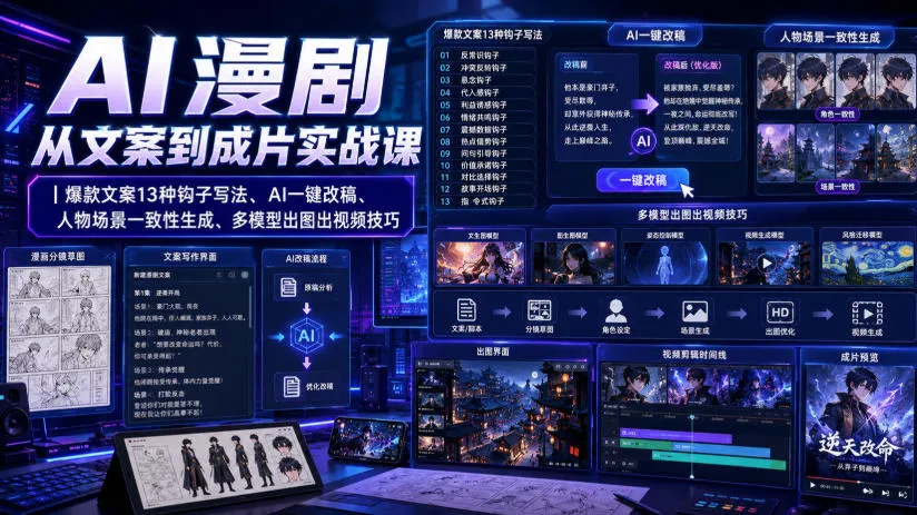 AI漫剧从文案到成片实战课|爆款文案13种钩子写法、AI一键改稿、人物场景一致性生成、多模型出图出视频技巧 AI漫剧从文案到成片实战课|爆款文案13种钩子写法、AI一键改稿、人物场景一致性生成、多模型出图出视频技巧