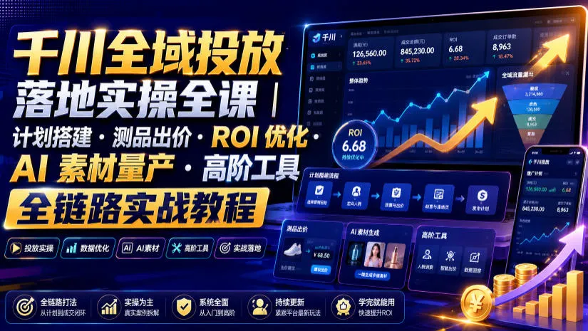 千川全域投放实战指南:计划搭建+测品出价+ROI提升+AI素材批量制作+高级工具全链路操作教程_趣客盟