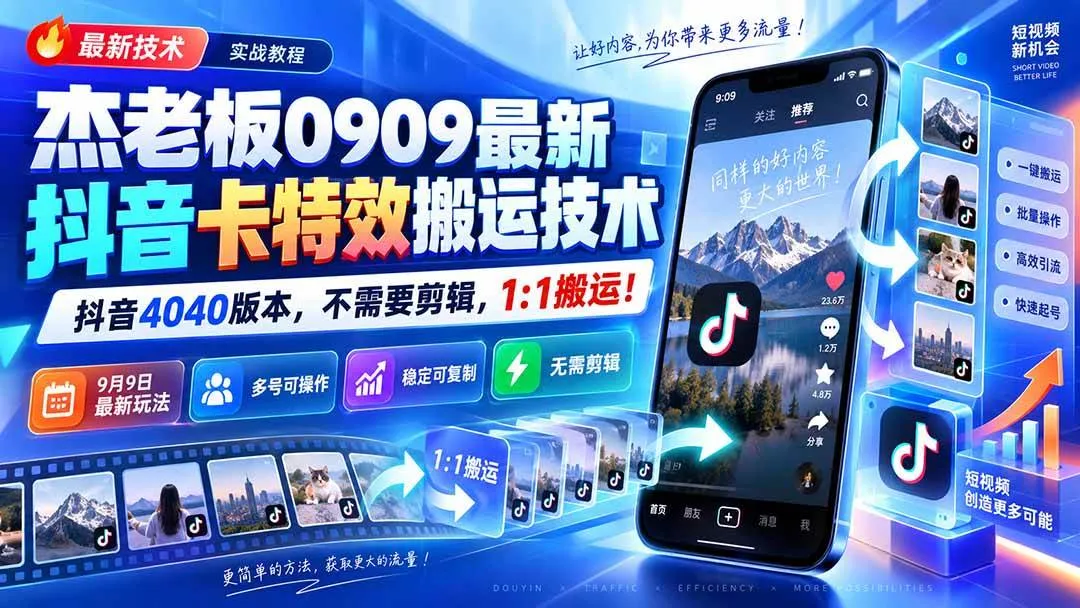 【杰老板抖音搬运技术】0909最新抖音卡特效教程，4040版本一键1:1搬运，无需剪辑！ - 趣客盟