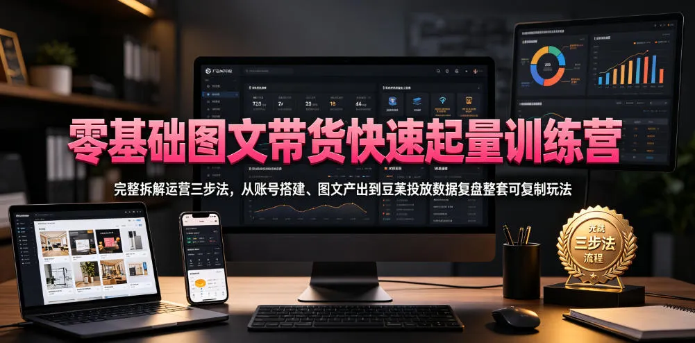 图文带货快速起量训练营:零基础三步运营攻略,从账号搭建到豆荚投放,数据复盘可复制玩法全解析_趣客盟